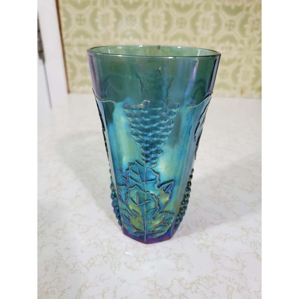 Indiana Glass Harvest Grape Blue Carnival Glass Tumbler 5.75" Tall